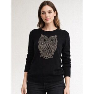 H M Womens Owl Sweater Beaded Sequin Size L Angora Blend Black Whimsigoth Witchy